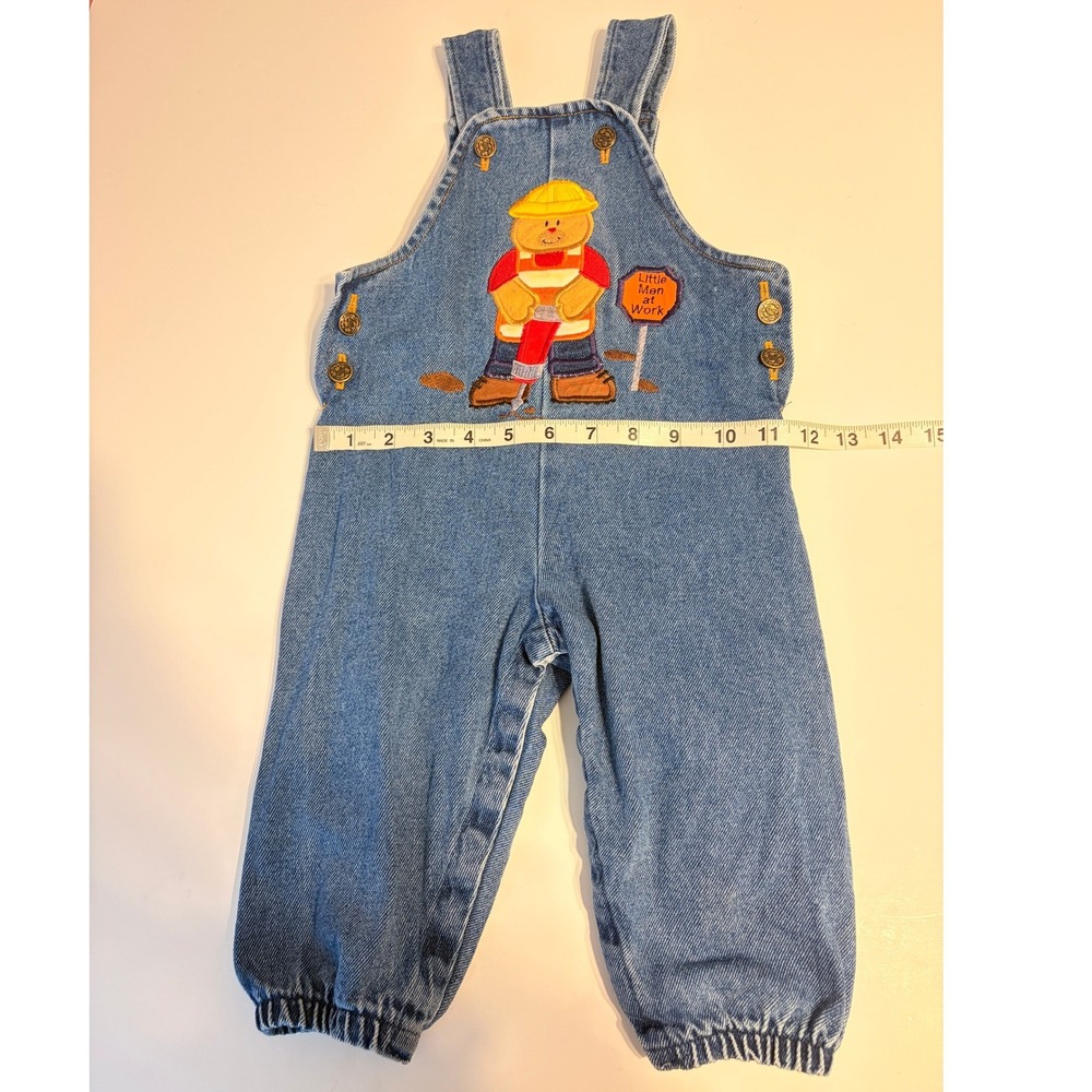 Vintage 18 months Boys Denim Overalls Construction Patch Bear 100% Cotton - Picture 8 of 9